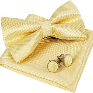Mens Solid Color Mini Squares Formal Banded Pre-tied Bow Ties, Pocket Square, Cu